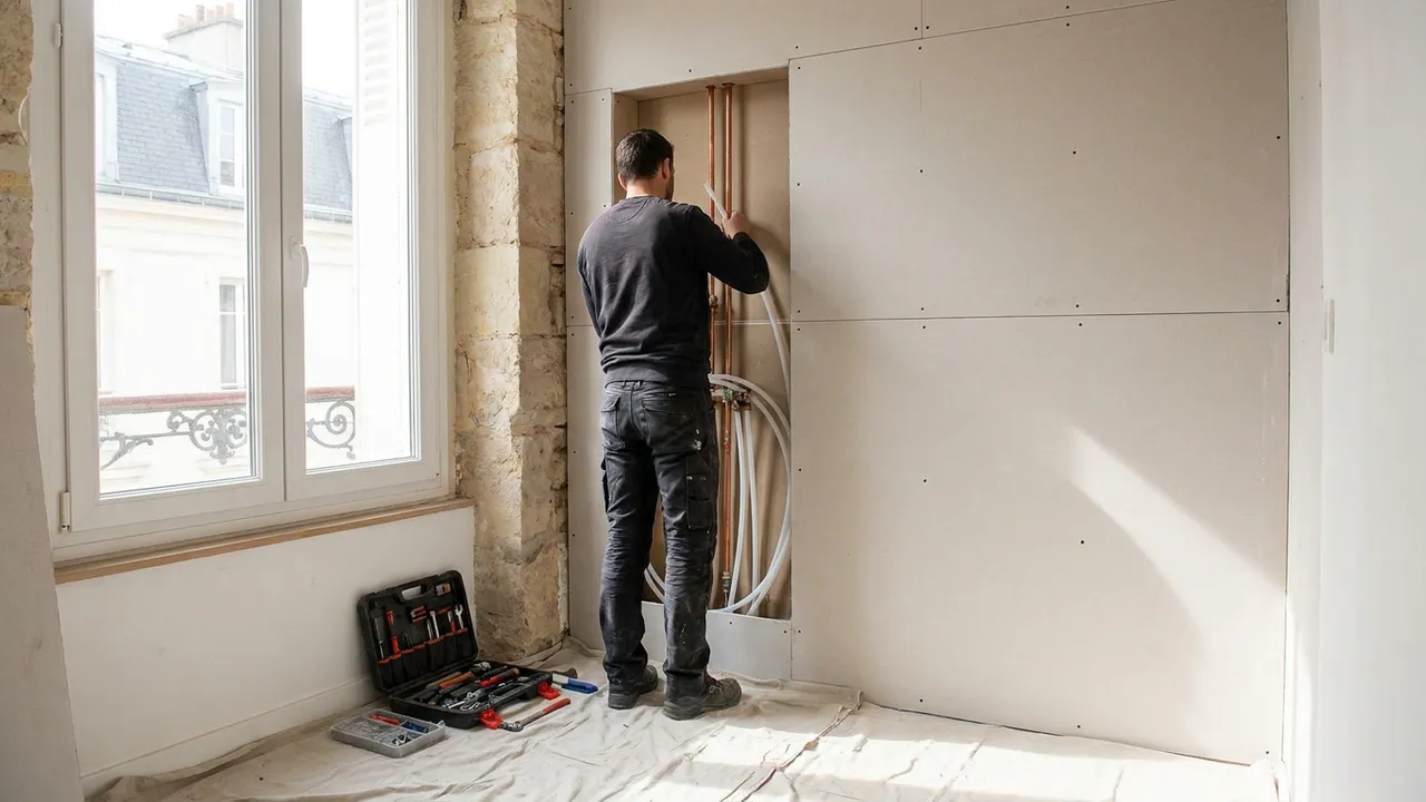 Installation de tuyauteries neuves dans une salle de bain en cours de rénovation à Saint-Pierre-du-Perray